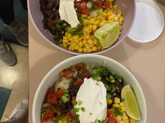 Close up of burrito bowl. 