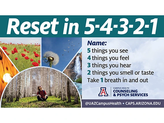 Reset in 5-4-3-2-1, 5 things you see, 4 things you feel, 3 things you hear, 2 things you smell or taste, 1 breath in and out.