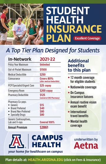 Student Health Insurance Plan graphic. A top tier plan designed for students.  2021-22.  Policy Year Maximum: Unlimited.  Out of pocket max: $1500. Medical deductible: $250.  Coinsuance: Covers 80%. Emergency room: $200 copay.  Pharmacy deductible: $125 - waived at CVS. 